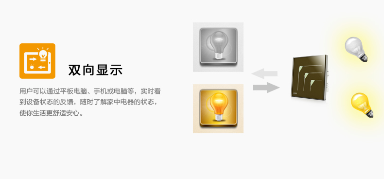 雙向顯示，用戶可通過平板電腦、手機或電腦燈，實時看到設備狀態(tài)的反饋，隨時了解家中電器的狀態(tài)，使您生活更舒適安心。